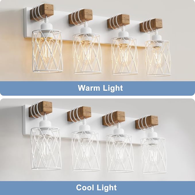 IZORRO Farmhouse Bathroom Vanity Light, 4-Light Wood Bathroom Light Fixtures Over Mirror, Matte White Industrial Vanity Lights with Metal Shade, Rustic Restroom Lighting Fixtures