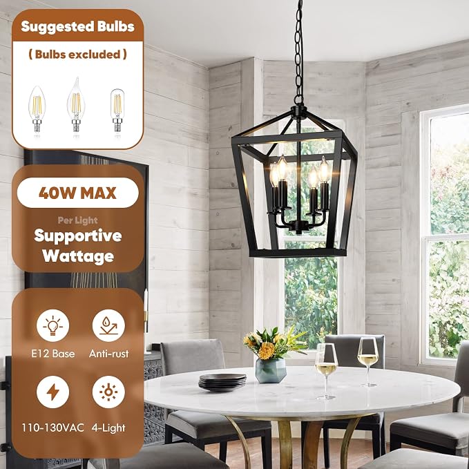BrightHome Farmhouse Chandelier 4-Light, Black Pendant Light Fixture Ceiling Hanging for Kitchen Island Dining Room, Lantern Industrial Lighting with Metal Cage Adjustable Height for Entryway Foyer | Industrial Kitchen Lantern chandelier Over Table, Pe...