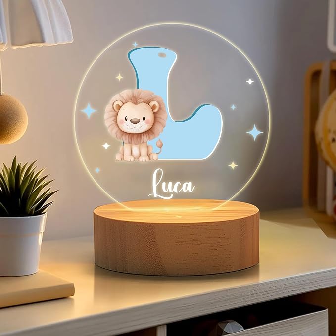 Personalized Cute Cartoon Animals Night Light, Custom Name and Initial Led Light with Wooden Base Nursery Decor Gift for Kids
