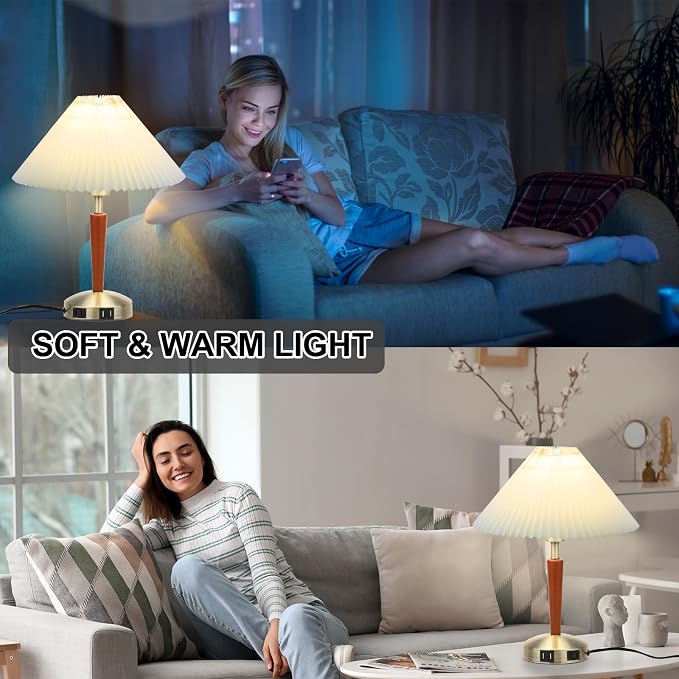 Touch Bedside Table Lamp - Modern Small Lamp for Bedroom Living Room Nightstand, Desk lamp with Fabric Lamp Shade, Warm LED Bulb, 3 Way Dimmable, Simple Design Mother's Day Gifts (Brown)