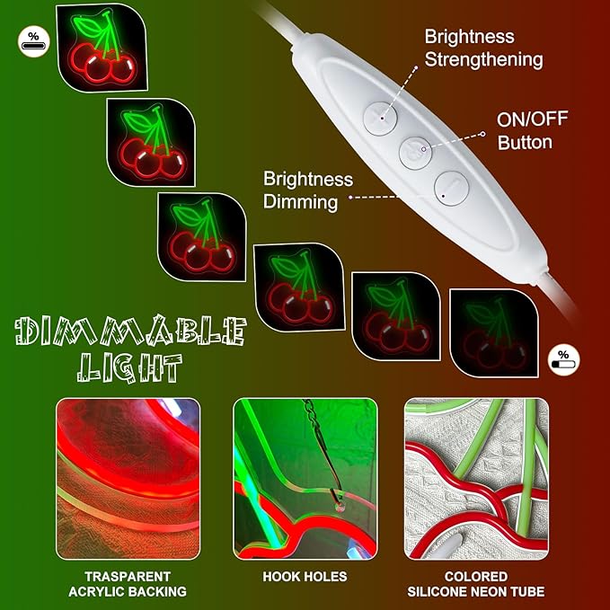 Cherry Neon Sign Cute Red Green Cherries LED Neon Light for Wall Decor Dimmable USB Fruit Light Up Sign for Boys Girls Room Restaurant Birthday Party bar Fruits Shop Decorations