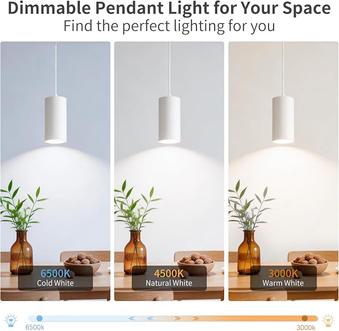 3.43" Pendant Lights Kitchen Island, 25W Cylinder Hanging Lights with Dipswitch, Modern Eye Care Led Pendant Lamp fixtures for Bedroom, Living Room, Office (White, 3.43 Inch 1 Pcs)