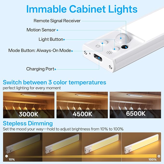 Under Cabinet Lighting with Charging Station,Battery Operated 3Pack | Motion Sensor Light Indoor with Remote,3color Dimmable Closet Light Rechargeable Wireless,Under Counter Lights for Kitchen