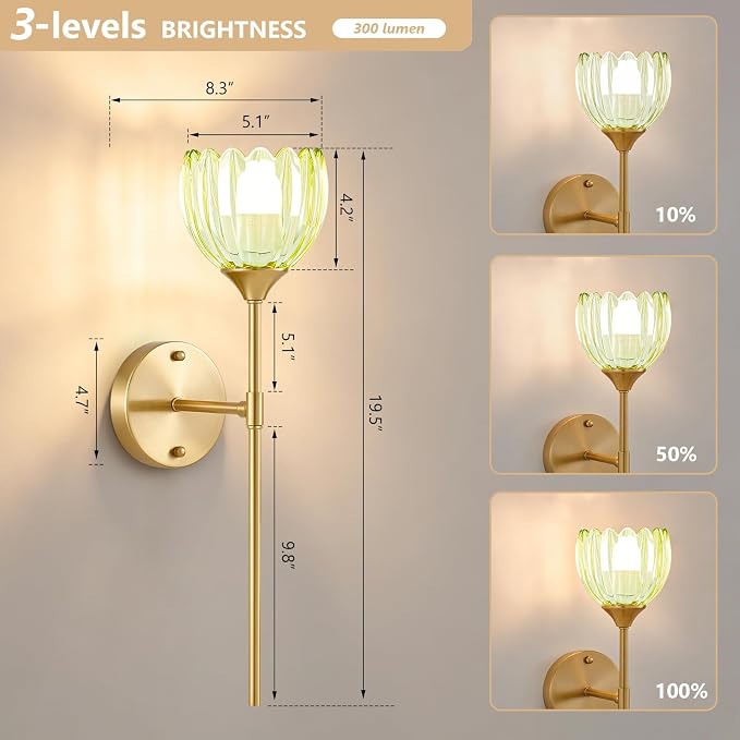 Vintage Battery Operated Wall Sconce Set of 2, Green Tulip Glass Lampshade Wireless 5300 mAh Rechargeable Battery Powered LED Wall Light with Remote Dimmable for Bedroom Bathroom Living Room