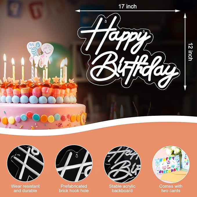 Happy Birthday Neon Sign for Wall Decor, USB Powered LED Neon Sign with Dimmable Brightness, Ideal for All Ages Birthday Parties and Celebrations, With 2 Pcs Birthday Cards (17×12 Inch)