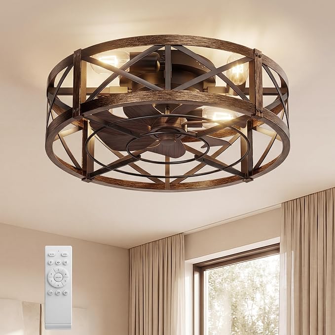 Caged Ceiling Fan with Light and Remote, 20" Low Profile Flush Mount Ceiling Fans with Light, 6 Speed, Timing, Reversible DC Motor, Small Farmhouse Fan Lights for Bedroon Kitchen Living Dining Room