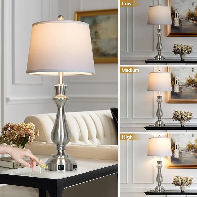 Modern Silver Table Lamp for Living Room,30" Tall Bedside Lamp with USB Charging Port,3-Way Dimmable Touch Nightstand Lamp for Bedroom Desk Side Table Office,Silver-1P