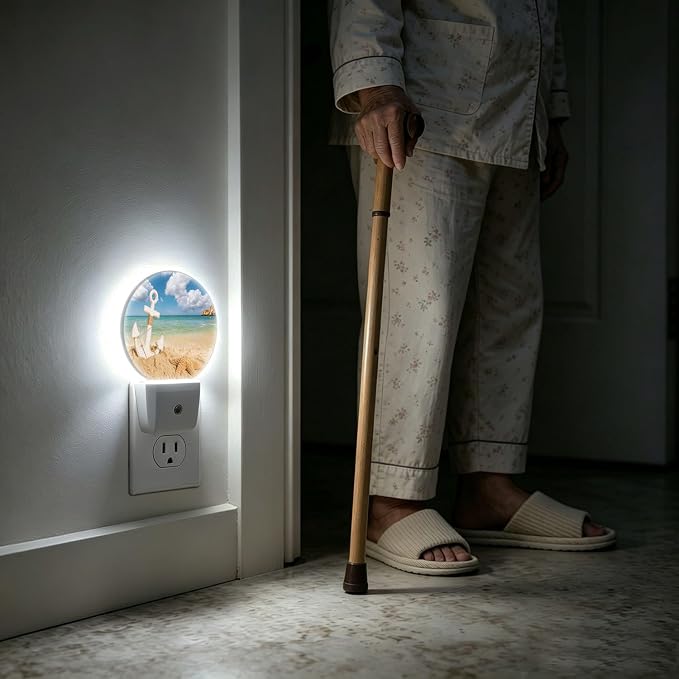 LED Night Light Summer Beach Night Lights Plug into Wall Auto on/off | Sea Wave Anchor Starfish on Sand Plug-in Night Light with Dusk to Dawn Sensor, Energy Saving Nightlight for Hallway Kitchen