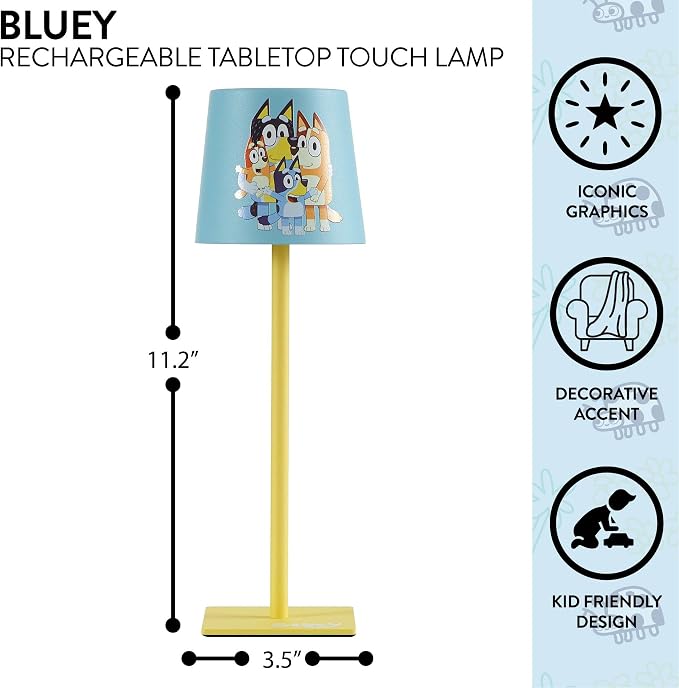 Bluey Kids Touch Night Light Lamp, Rechargeable Battery Operated Bedroom Table Lamp with Touch On/Off, Portable LED Desk Light with Charging Cord for Nursery & Children’s Room