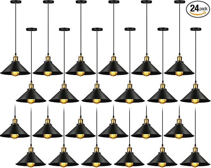 24 Pcs Industrial Pendant Light Vintage Metal E26 Base Hanging Light Rustic Dome Pendant Lamp Fixture Farmhouse Kitchen Hanging Ceiling Lamp for Dining Room Bedroom Hallway Bar (Black)