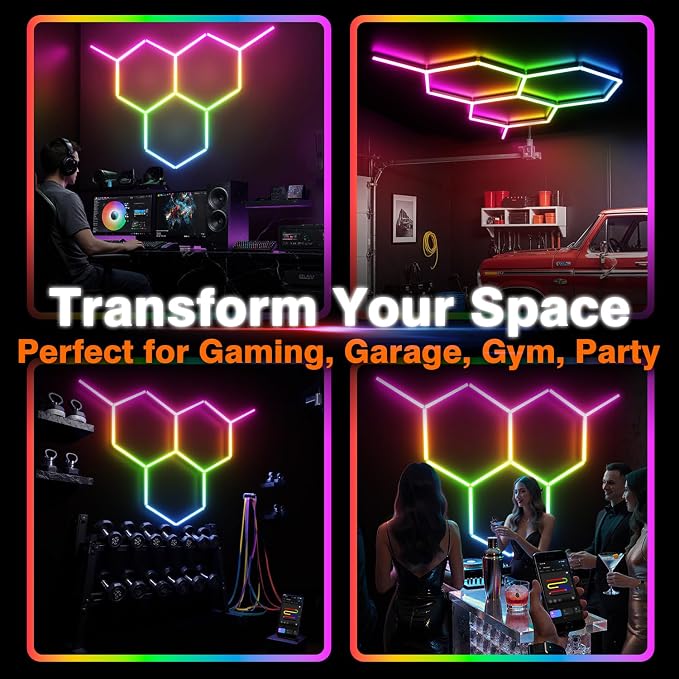 RGB Hexagon Lights 3 Grids, Hexagon Garage Lights with Music Sync Mode, App & Remote Control Honeycomb Lights for Gym Studio Basement Shop Exhibition