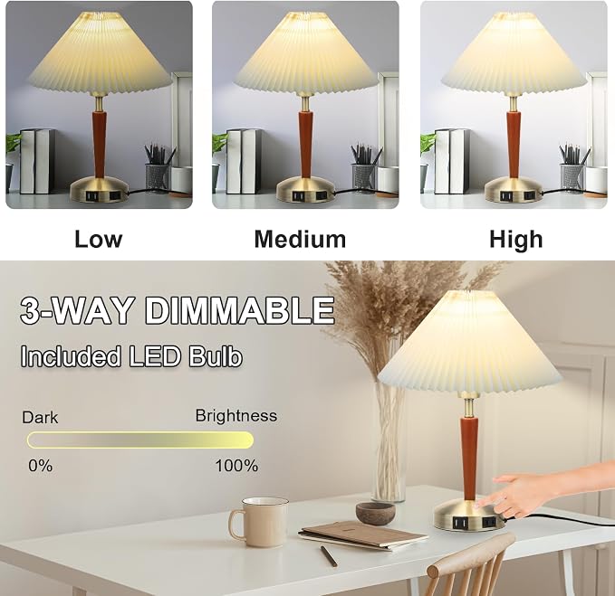 Touch Bedside Table Lamp - Modern Small Lamp for Bedroom Living Room Nightstand, Desk lamp with Fabric Lamp Shade, Warm LED Bulb, 3 Way Dimmable, Simple Design Mother's Day Gifts (Brown)