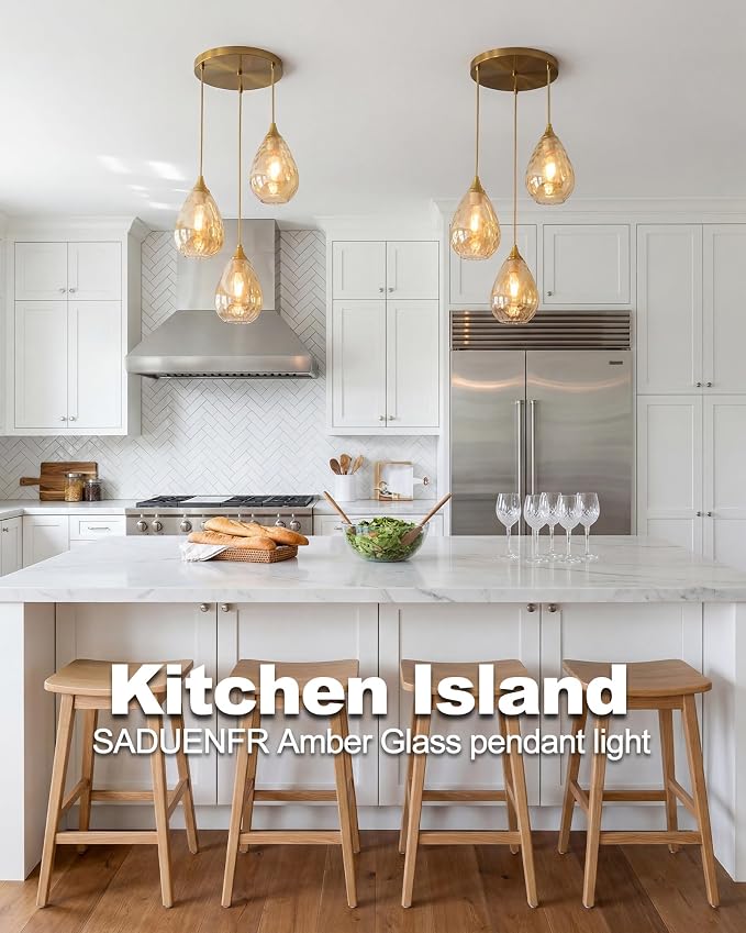 3-Light Pendant Lighting Dining Room Lights Fixture Over Table | Amber Hammered Glass, Brushed Gold, Farmhouse, Hardwired, E26, Cluster Hanging Lights for Kitchen Island, Dining Room