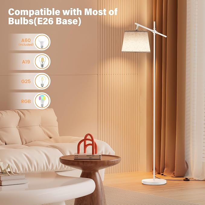 Floor Lamp with Linen Shade, Dimmable Tall Standing Lamp with Remote Control & 3 Color Temperatures Bulb, Modern Swing Arm Floor Lamps for Living Room Bedroom Office Corner