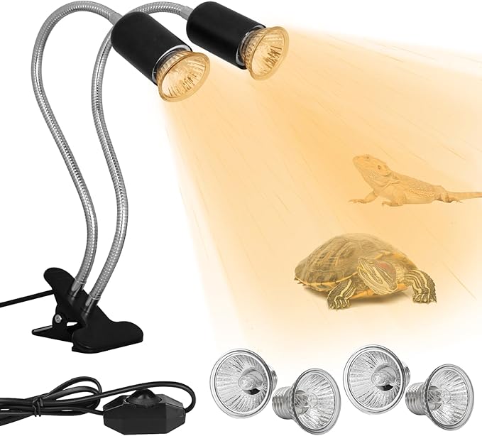 Double-Head Reptile Heat Lamp with (2Pcs 25W+2Pcs 50W) UVA UVB Light Bulb, Basking Spot Light Simulated Sunlight, Dimmable Heating Lamp with 360° Rotatable for Turtle, Lizard, Snake, Beared Dragon