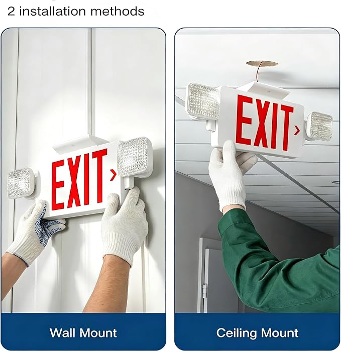 Red LED Exit Sign with Emergency Lights, Battery Backup, UL Listed | 2 Adjustable Heads, Commercial Emergency Exit Sign Combo with Thermoplastic Housing, Hardwired 120V/277V AC, 90-Minute Backup