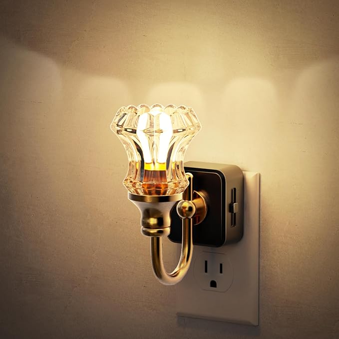 JandCase Night Light, Night Lights Plug into Wall, Glass Floral Nightlight | 0-100LM Dimmable LED Flower Nightlights, Dusk to Dawn Sensor, 1W Vintage Nite Light for Bathroom Hallway Gift Vanity Decor