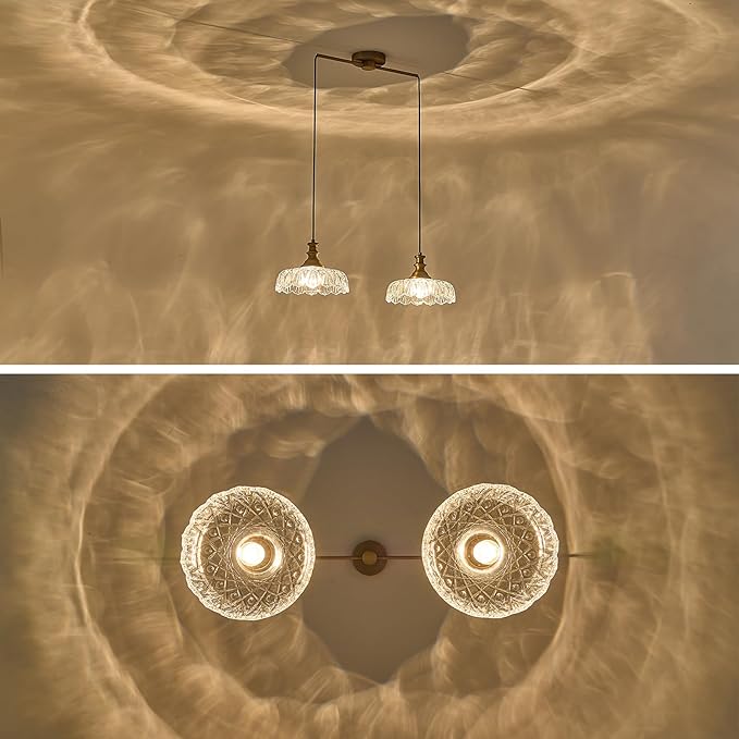 HDDFL Vintage Pendant Lighting Fixtures Modern Glass Hanging Lamp with Adjustable Cord for Kitchen Island Dining Room Hallway 2 Light Brass and Clear