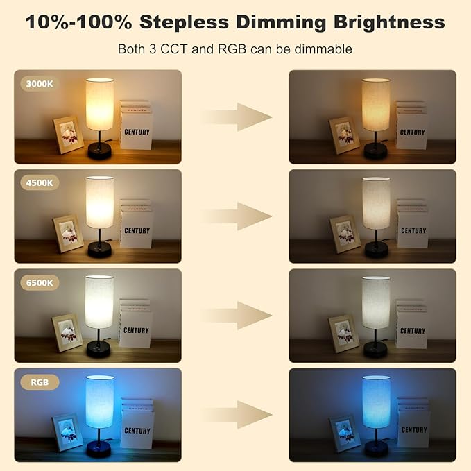 Unicozin Table Lamp Set of 2, 3 CCT 3000K/4500K/6500K & RGB Color Changing, Stepless Dimmable Small Bedside Lamp for Reading, Ambience Nightstand Light for Home Decor Party, Beige Shade