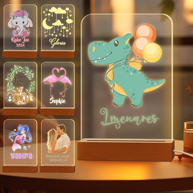 Personalized Night Light for Kids Custom Engraved Name Acrylic LED Lights with Wood Base for Nursery Bedroom Decor Night Lamp, Customized Birthday Gifts for Boy,Dinosaur