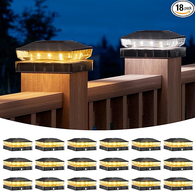 NIORSUN Solar Post Cap Lights Outdoor Waterproof, 2 Lighting Modes 4x4 Post Solar Lights, Fence Posts Solars Light for Deck Patio Garden Decoration, 4x4 Posts Caps Wood Vinyl, 18 Pack (Black)