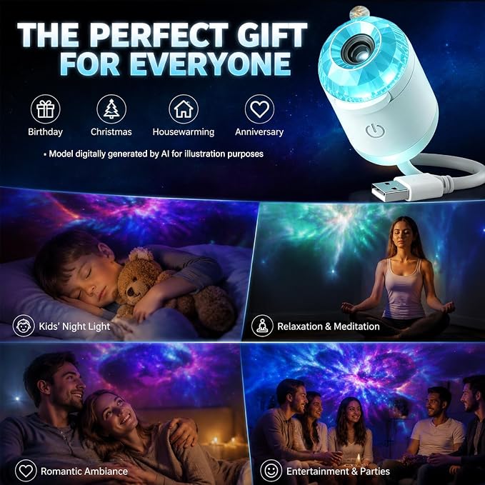 2-in-1 Galaxy Ocean HD Smart Dynamic 5D Holographic Night Light Projector | Plug and Play, USB Portable, Adjustable Brightness, 360° Rotating Design, Star Starry Sky Mini Projector for Bedroom, Blue