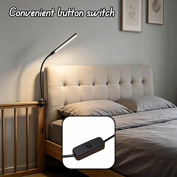 BUBBLE-FLY LED Clip on Reading Light, USB Desk Lamp with 32 LED Eye Protection, 360° Flexible Arm, Dimmable Clamp Light for Bed Headboard Home Office Study 7W Black