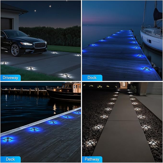 VOLISUN Solar Driveway Lights Dock Deck Lights 16 Pack,2 Colors in 1 Led IP67 Waterproof Outdoor Warning Step Lights for Driveway Sidewalk Pathway (White/Blue)