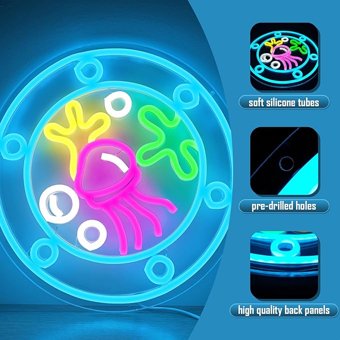 Ocean World Porthole Neon Sign Dimmable Led Under Sea Porthole Neon Light Sign Jellyfish Neon Room Sign Light Up Signs for Wall Decor Game Room Party Bedroom Decor Birthday Gift