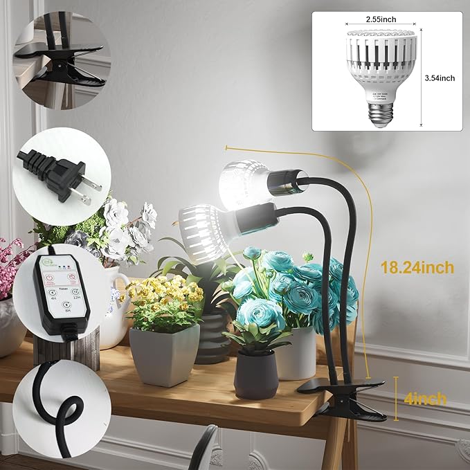 Grow Light,24W (160Watts Equiv) 5000K White Full Spectrum LED Growing Lamp Clip on Desk for Indoor Plants,Bulbs Replaceable & Non-dimmable (Black, 160W)