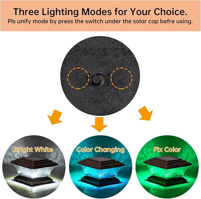 HUYIENO Solar Post Cap Lights Outdoor LED Lighting Deck Fence Cap Light 9 Light Modes Bright White/7 Color Fixed Modes/7 Color Cycling Mode Suitable for 4x4 5x5 Wooden Posts Brushed Copper 2pk