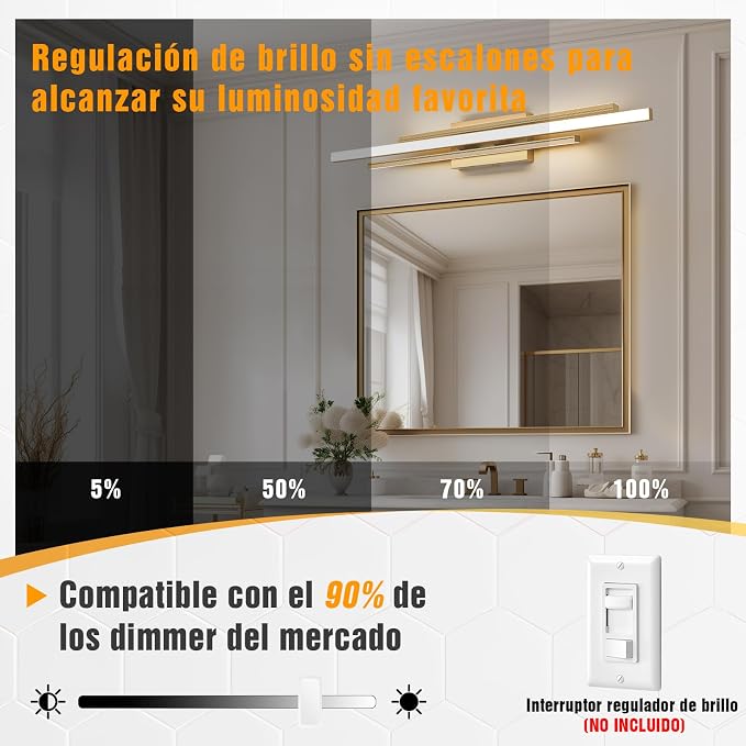 VitaLink Modern Gold Vanity Light Bathroom Wall Light Fixtures Over Mirror 35 Inch Long Dimmable 3-Light LED Bathroom Wall Lighting 5CCT(3000K/3800K/4500K/5200K/6000K)