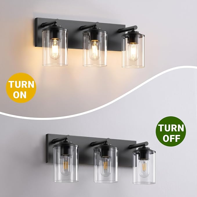 3-Light Bathroom Light Fixtures, Matte Black Bathroom Vanity Lighting Over Mirror with Clear Glass Shades, Modern Vanity Lights for Bath Wall Sconces Lamp for Powder Room, Bedroom, Hallway