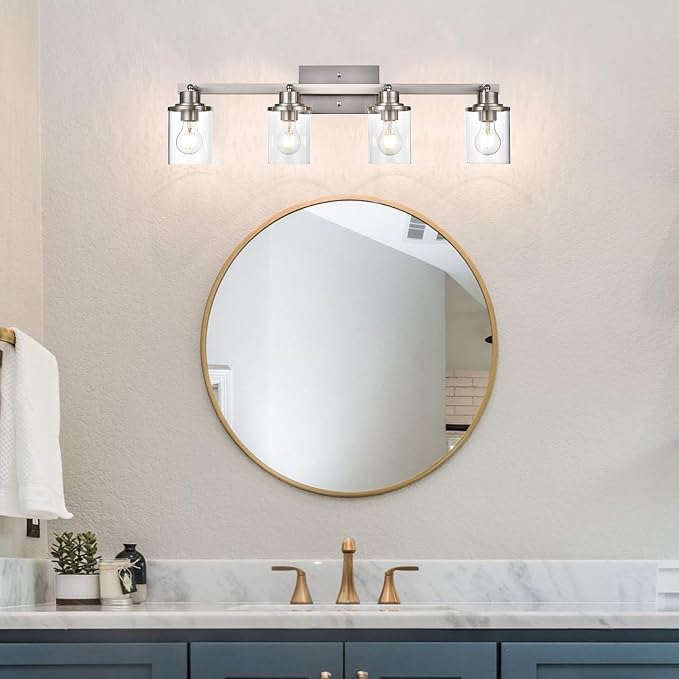 Yaohong 4-Light Track Lighting Kit Brushed Nickel Track Lighting Fixtures, Bathroom Wall Light Ceiling Mount Rotatable Spotlights, Kitchen Ceiling Light Fixtures with Glass Shade for Bathroom Hallway