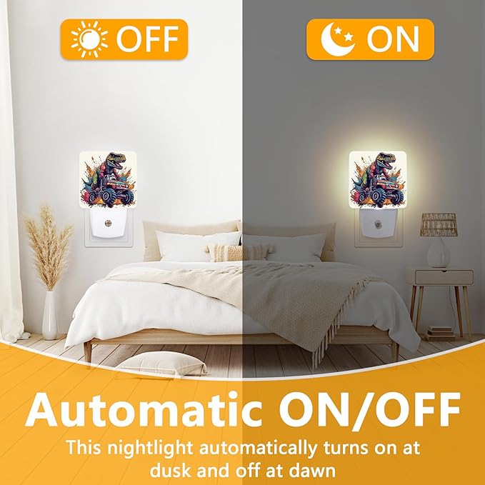 Dinosaur Monster Truck Night Light, Plug-into Cool Vehicle Cars Nightlight White LED Lamp, Energy Efficient Decor Desk Lamp for Bedroom Hallway Stairs Bathroom