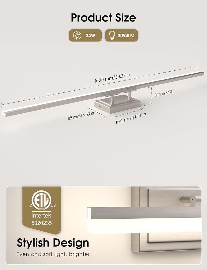 VOLISUN Modern Bathroom Vanity Light 39.4 inch, Rotatable, 34W Dimmable 5CCT Led Bathroom Light Fixture Over Mirror, Brushed Nickel Bar Vanity Light for Bathrooms Mirror Restroom-ETL Certificated