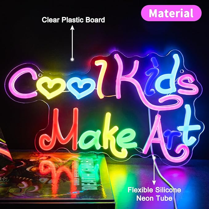 Cool Kids Make Art Neon Sign for Classroom, Art Neon Light Wall Decor, Kids Neon Light Sign Colorful Letter Led Neon Lights for Bedroom Library School Decoration 14.17 x 8.27 inch