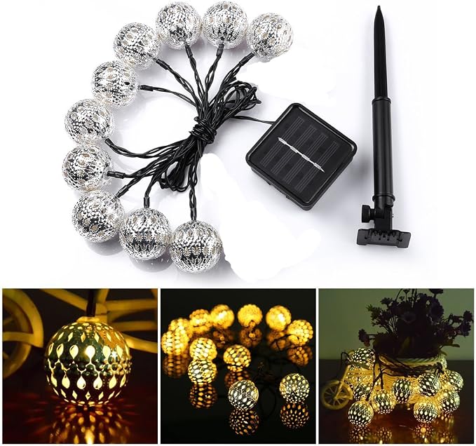 Hann LED Solar Globe String Lights, 12ft 10 LEDs Moroccan Orb Ball, Waterproof Ambiance Lighting, 3000K Warm White, Starry Fairy Lights for Outdoor Garden Yard Patio Party Christmas Party