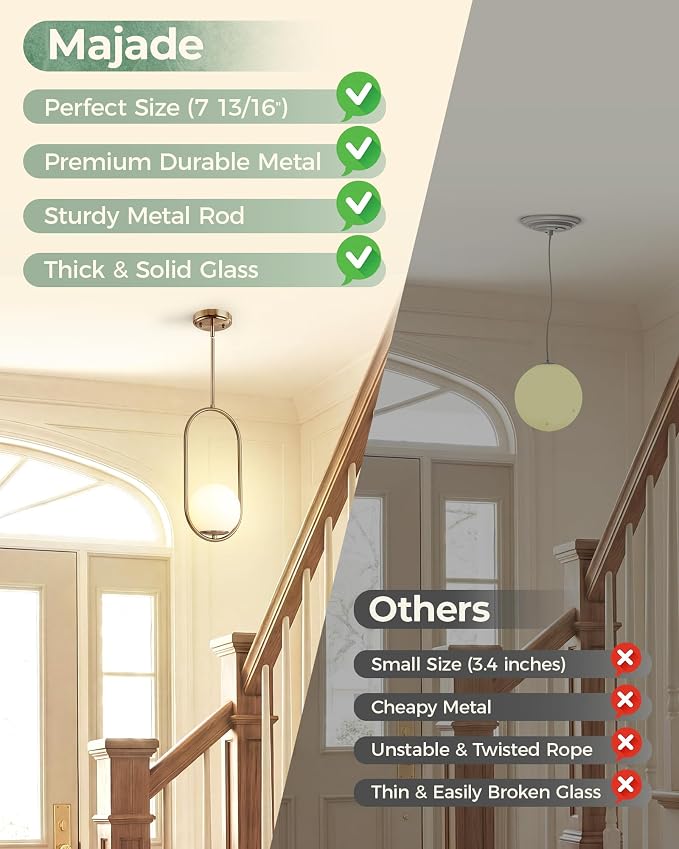 Majade Pendant Lights Kitchen Island, Mid Century Modern Pendant Light Fixtures, 2 Pack Champagne Bronze Globe Glass Pendant Lighting, Brass Chandelier Adjustable Hanging Light for Kitchen Island