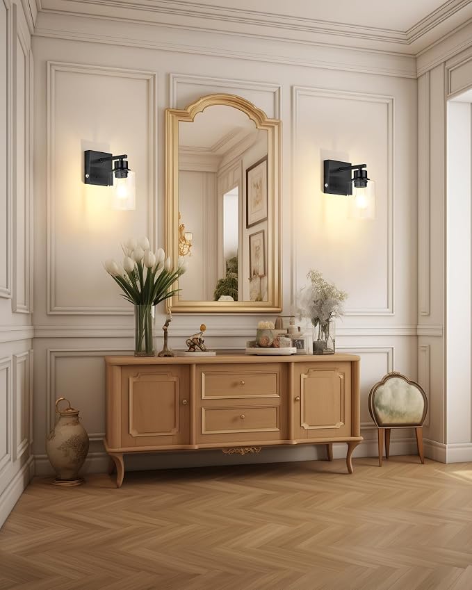 Rayogale Battery Operated Wall Sconces Set of 2 with Remote Control, Black | Dimmable Wireless Rechargeable Wall Lights with Timer, Easy Install Clear Glass Lamp for Living Room Bedroom, Emergency 3000K