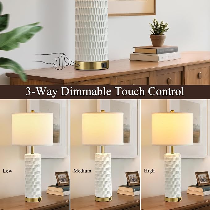 Reaketon 26.5" Ceramic Table Lamps Set of 2, 3 Way Dimmable Touch Control Table Lamps for Living Room, Modern Lamps for Nightstand, Gold
