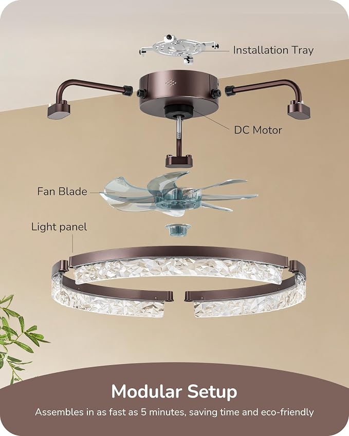 EDISHINE Ceiling Fans with Lights, 20'' Low Profile Flush Mount Fandelier | LED Low Profile Fan Light 3000-6000K Dimmable, 6 Speeds, DC Motor, APP Control, Modern Fandelier for Bedroom, Brown