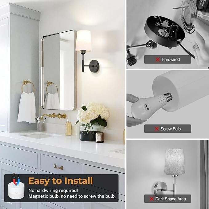 Wall Sconces Battery Operated, Battery Operated Wall Sconce with 13000mAh Magnetic Bulbs and Remotes, Rechargeable Wall Sconce Set of 2, Wireless Black Wall Lamp/Lights for Bedroom, Linen