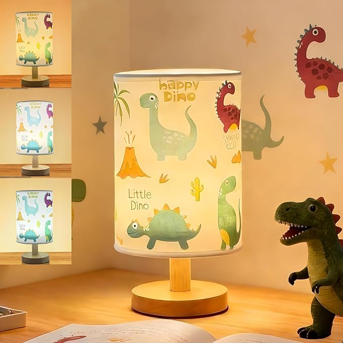 Dinosaur Kids Table Lamp for Bedroom Kids Bedside Lamp 3 Colors Dimmable Nightstand Night Light with Cartoon Flaxen Fabric Shade Desk Reading Lamp for Girls Boys Room Nursery Decor,Dino Gifts for Boys