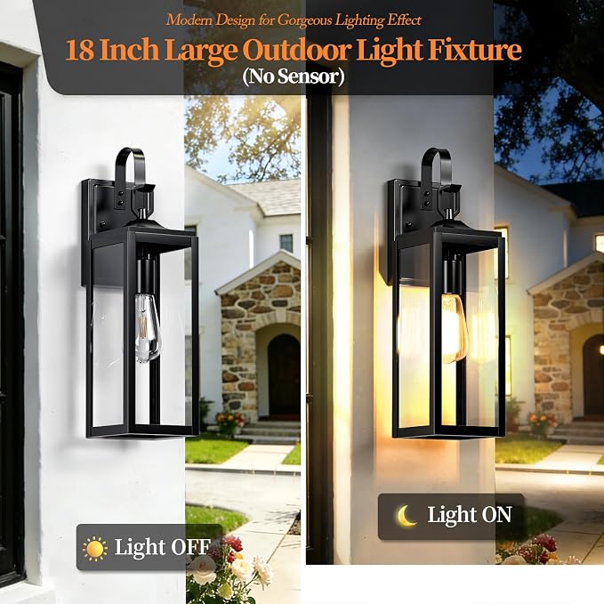 18'' Large Outdoor Wall Lights 2 Packs, Black Exterior Lighting Fixtures | Modern Outside Lights for House, Waterproof Outdoor Lighting Wall Sconce Lanterns for Porch, Garage, Farmhouse, Front Door