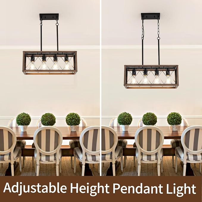 KEESFU 4-Light Dining Room Light Fixture, Farmhouse Kitchen Island Lighting,Adjustable Height Pendant Light, Rustic Linear Chandelier for Kitchen, Dining Room Table, Pool Table. (Wood Grain Color)