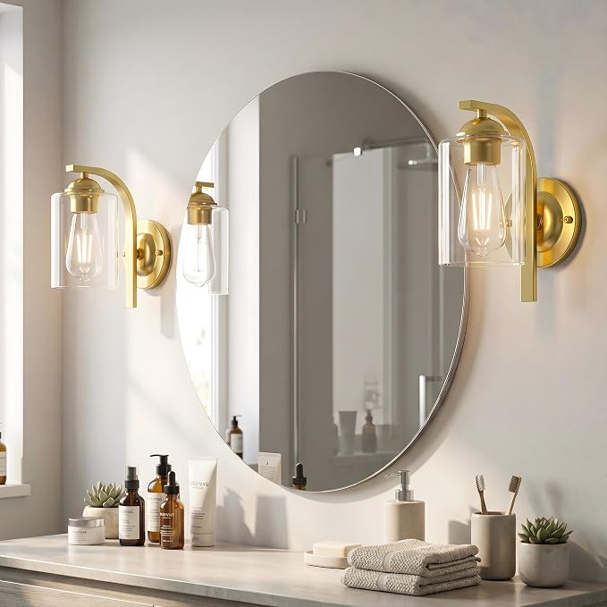 2-Pack Wall Sconces Lights Lamp for Bedroom Bathroom, Modern Vanity Light Fixtures, Gold Farmhouse Wall Mount Lighting Lanterns with Clear Glass Shade for Living Room Mirror Hallway Kitchen