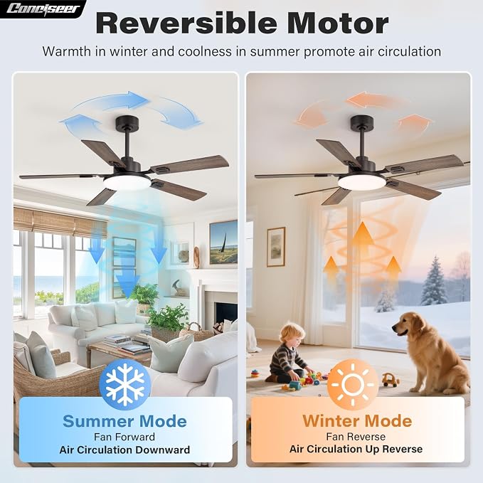 60 Inch Ceiling Fans with Lights and Remote, Bedroom Living Room Office Library Cafe Outdoor Industrial, 5CCT Dimmable, Dual Color 5 Blades, 6 Speed Reversible Quiet DC Motor, Brown/Wood Grain