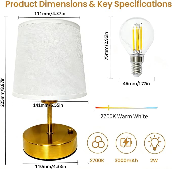 Gold Portable Cordless Table Lamp, Rechargeable Bedside Lamp, Mini | 3000mAh battery, touch stepless dimming, 2700K warm light, fabric shade and USB-C charging for bedroom, nightstand and desk.