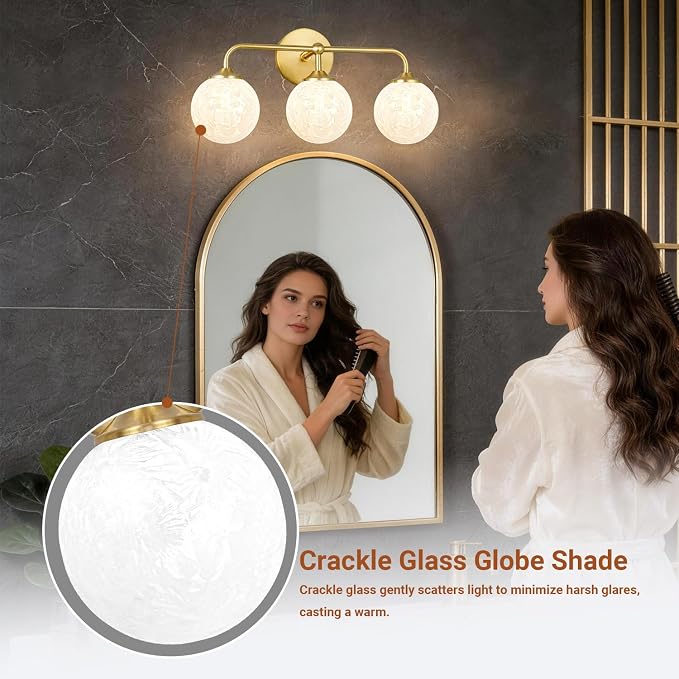 Modern Brushed Gold 3-Lights Vanity Light Fixtures with Carved White Glass Ball Shades, Mid Century Brass Wall Sconce Lighting Fixtures over Mirror, Wall Sconces for Bathroom Dressing Table Bedroom